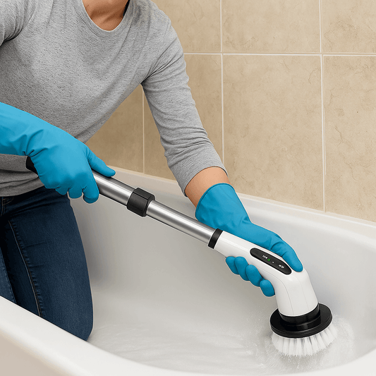 Mujer limpiando la tina del baño con el cepillo eléctrico giratorio y el mango extendido