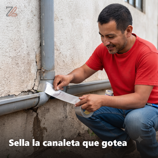 Hombre sellando con cinta térmica la unión de una canaleta que gotea