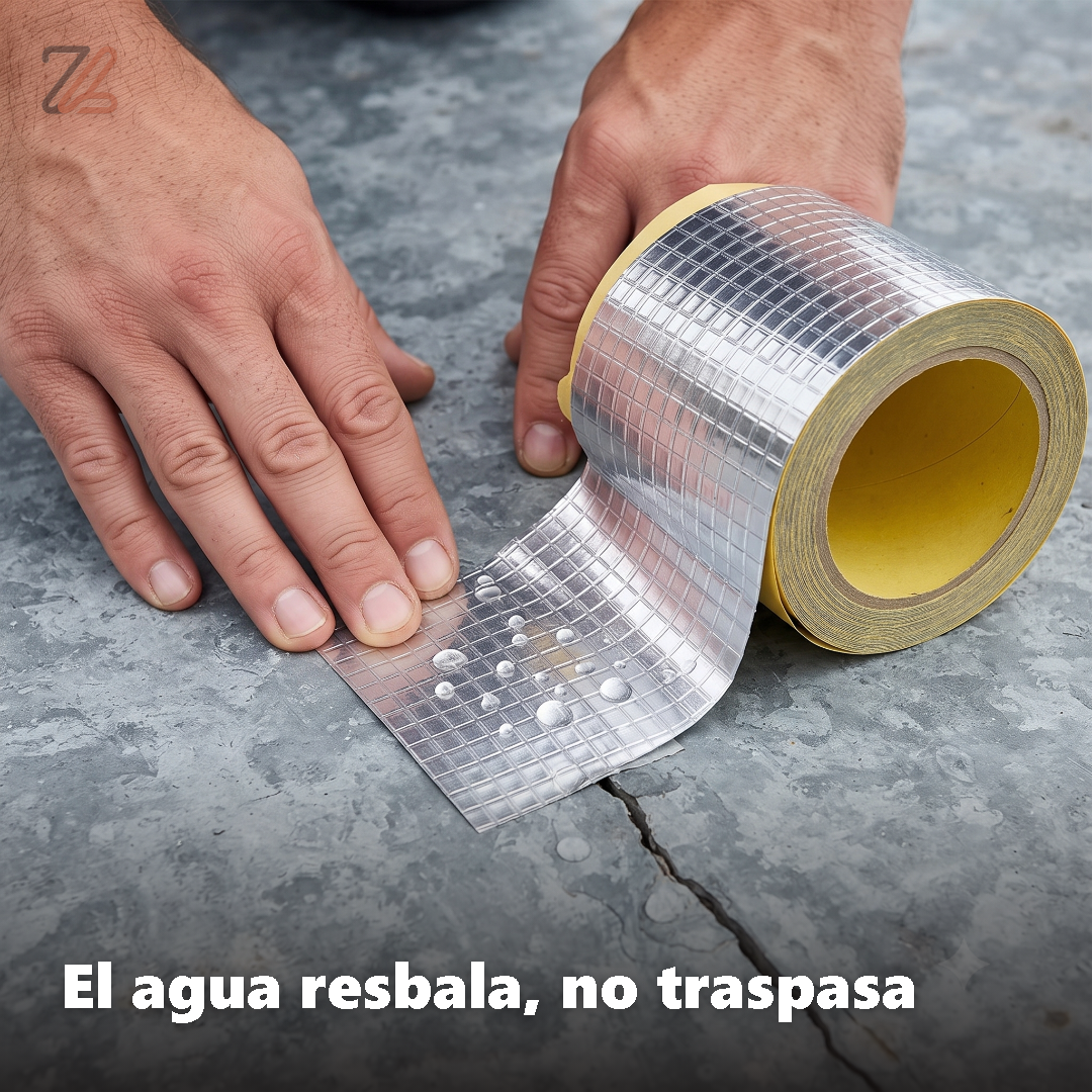 Manos presionando la cinta térmica sobre una grieta, con gotas de agua encima