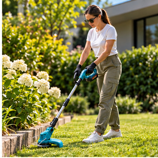 Persona utilizando orilladora inalámbrica multifunción en jardín