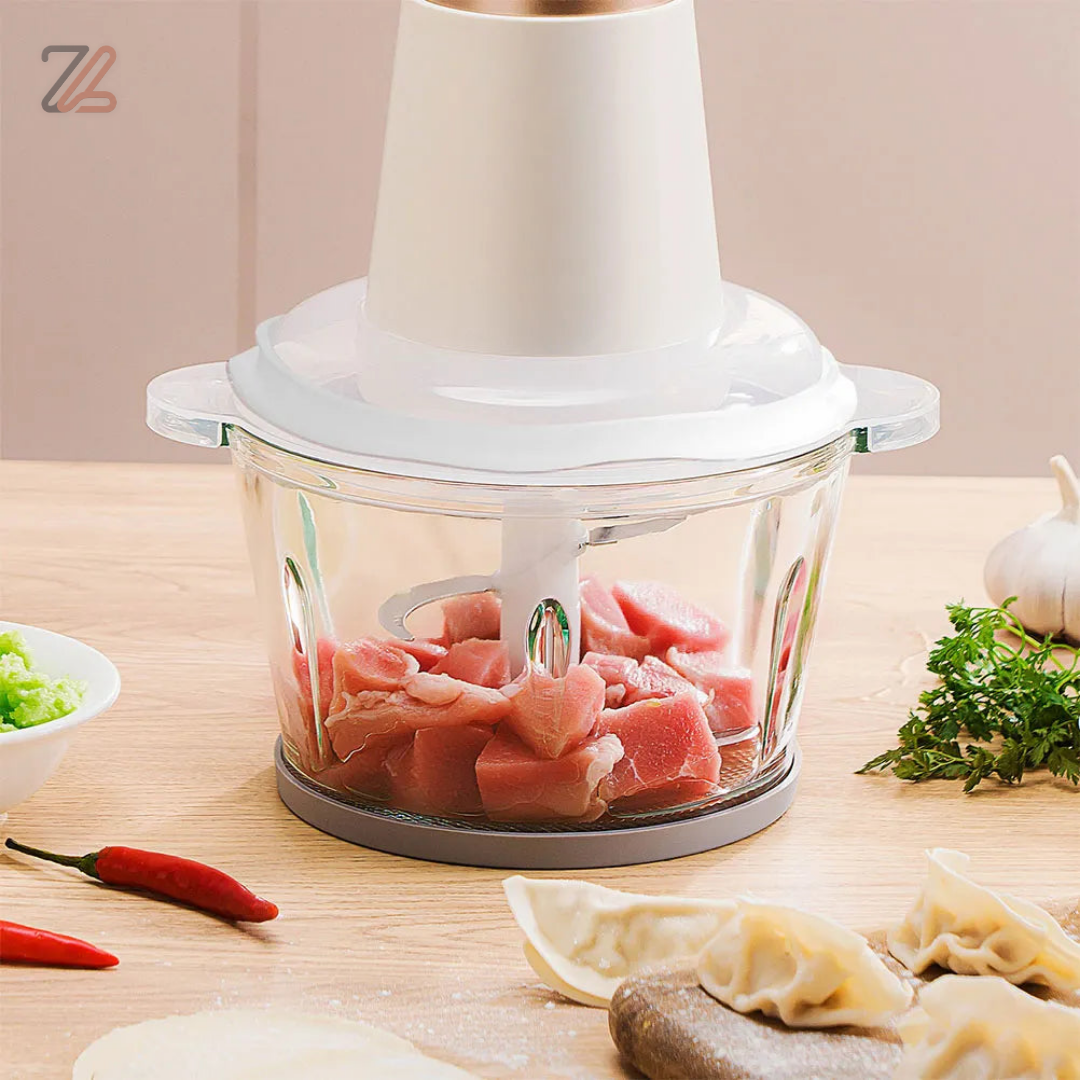 Picadora eléctrica de alimentos con vaso de vidrio y cuchilla de acero inoxidable