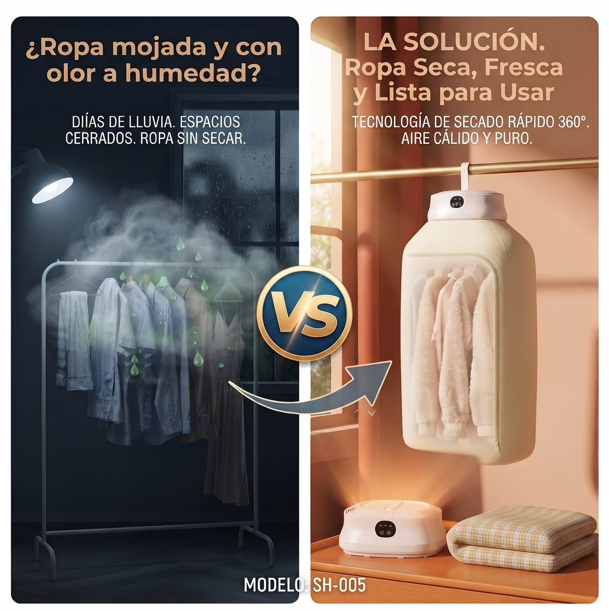 Antes: ropa colgada humeda y con olor. Despues: ropa seca en la secadora portatil