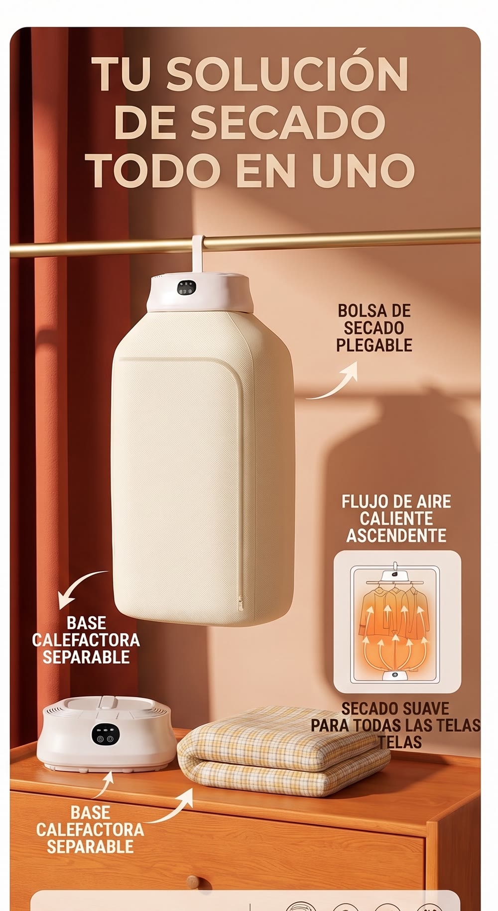 Bolsa de secado plegable, flujo de aire caliente ascendente y base calefactora separable