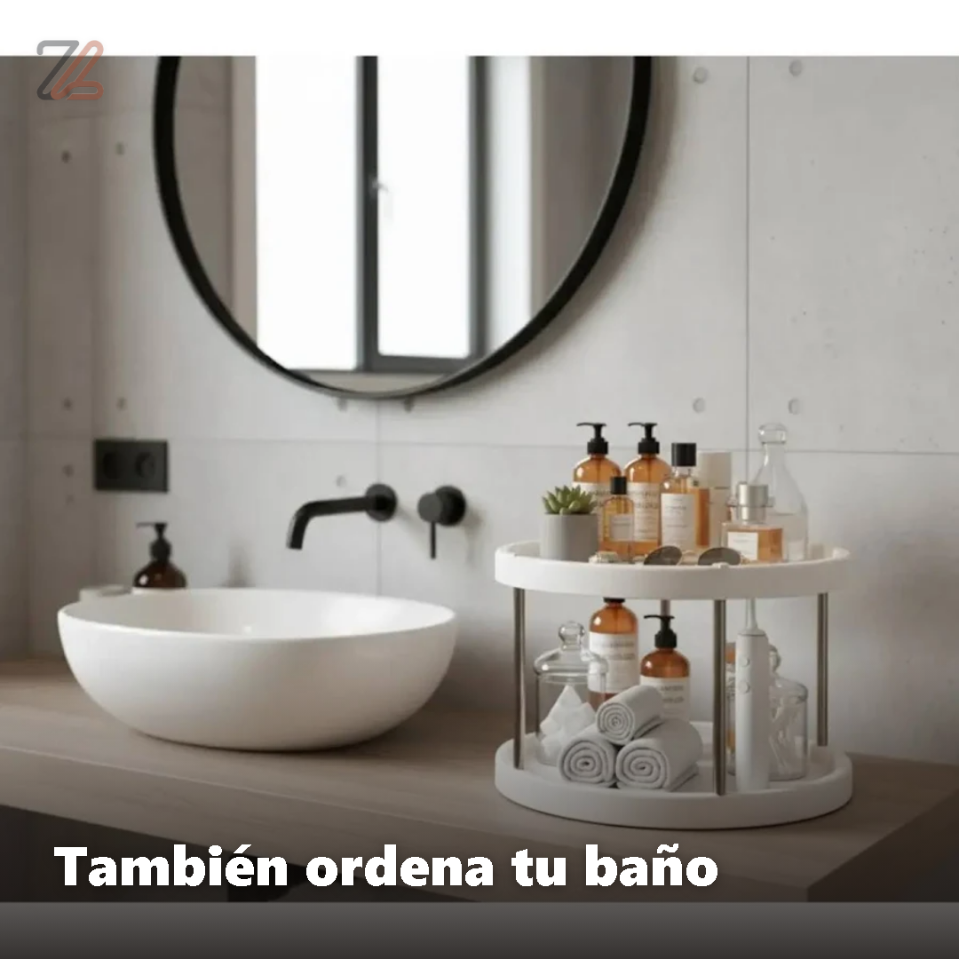 Organizador giratorio blanco con productos de baño sobre un mueble de lavamanos