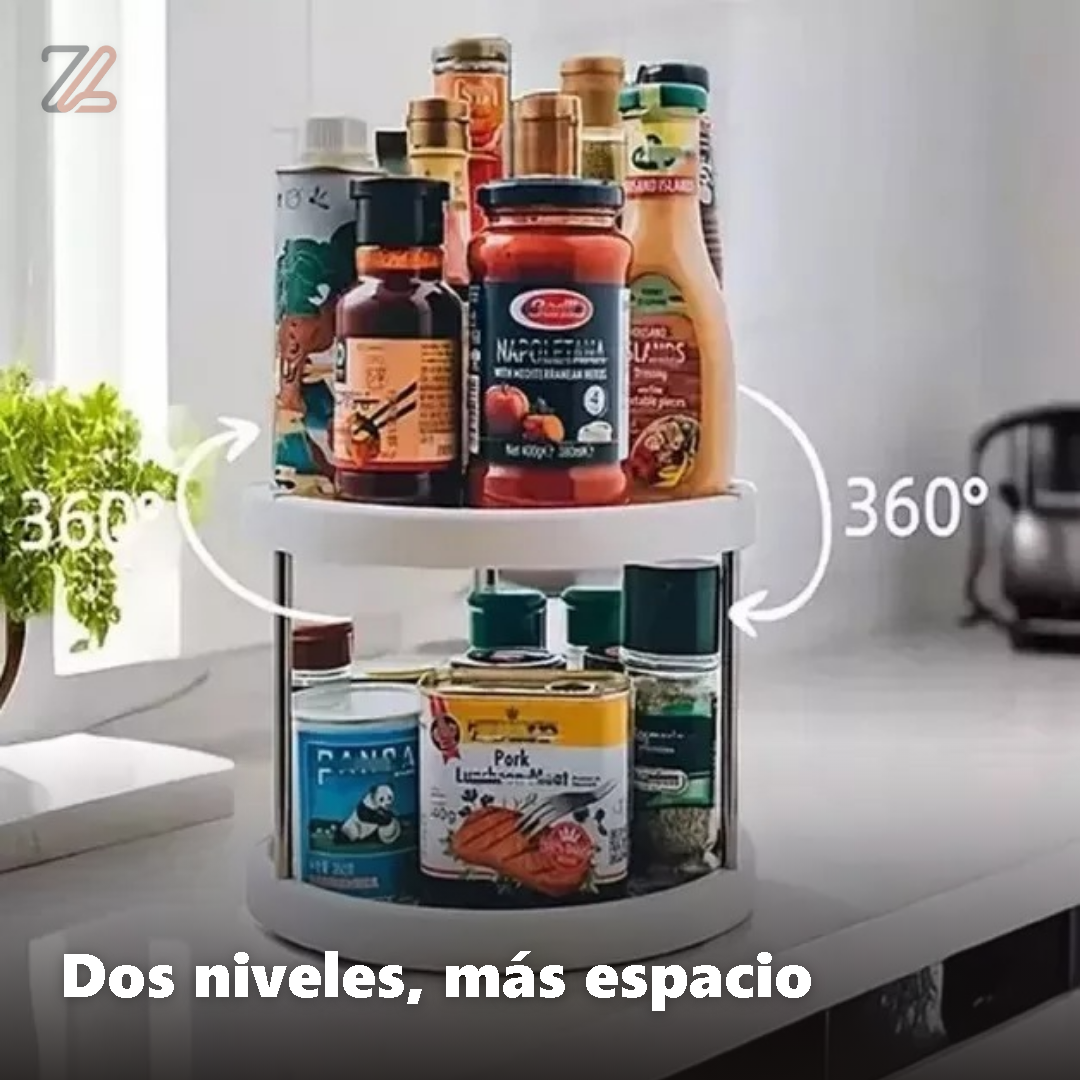 Organizador giratorio de dos niveles con frascos y salsas sobre un mesón